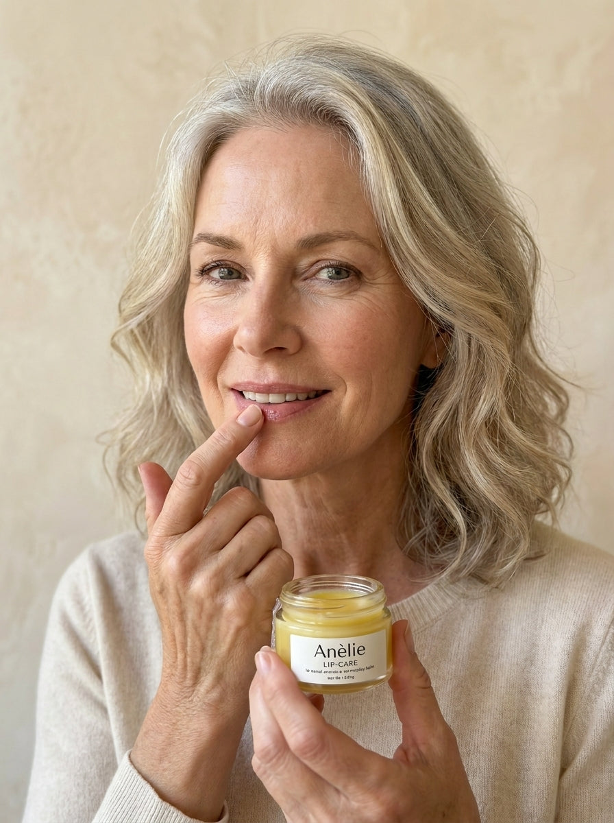 A woman in her late 50s holding Anèlie Overnight Lip Mask